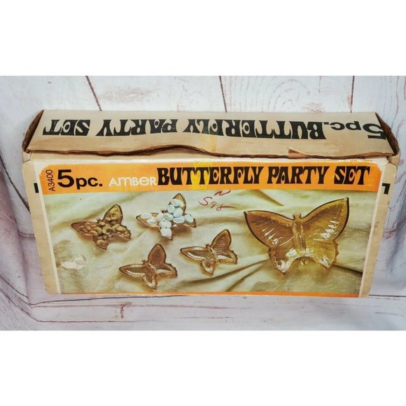 Rare Amber 5 Piece Vintage Brown Glass Butterfly Home Décor Candy Nut Dish Set - Picture 4 of 9